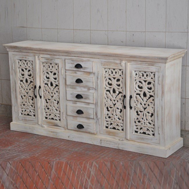 JALI SOLID 5 DRAWERS WOODEN SIDEBOARD - White wash - 180 - 40 - 90 – handcrafted solid wood furniture