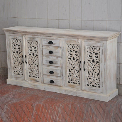 JALI SOLID 5 DRAWERS WOODEN SIDEBOARD - White wash - 180 - 40 - 90 – handcrafted solid wood furniture