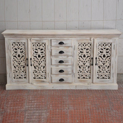 JALI SOLID 5 DRAWERS WOODEN SIDEBOARD - White wash - 180 - 40 - 90 – handcrafted solid wood furniture
