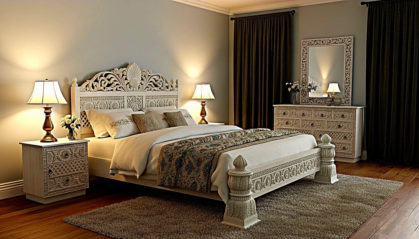 Juffair Hand Carved Solid Wood Bed by Hibashi Furniture – handcrafted solid wood furniture made in India