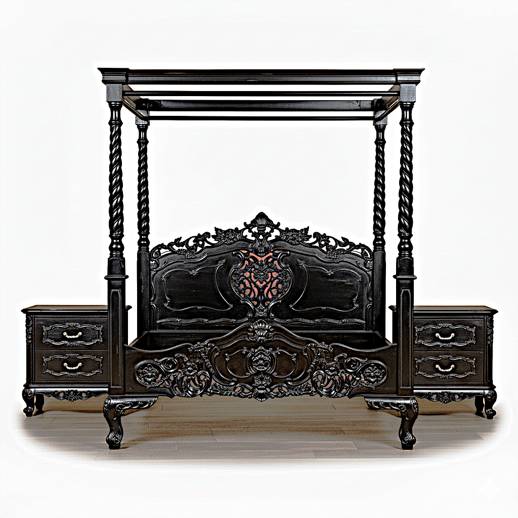 Kabak Gothic Hand Carved Solid Wooden Canopy Platform Bed - HF Commercial Furniture
