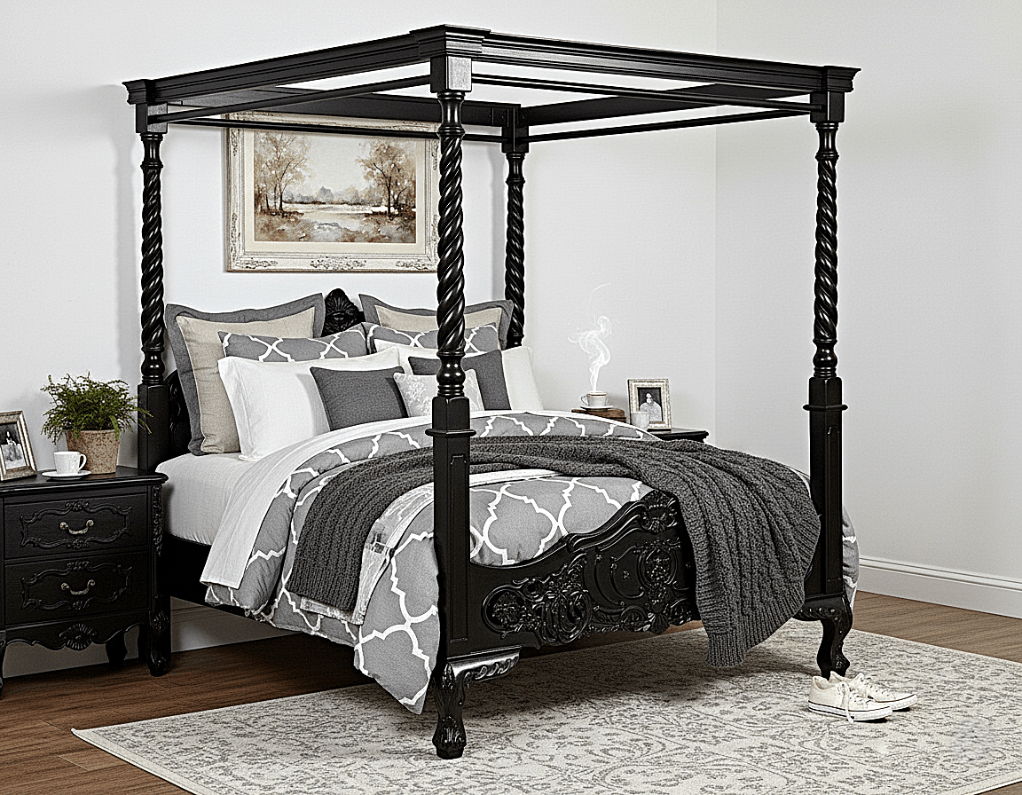 Kabak Gothic Hand Carved Solid Wooden Canopy Platform Bed - HF Commercial Furniture