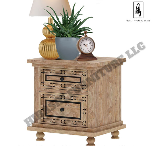 KARINA Hand Carved Solid Wood Nightstand with 2 Drawers – handcrafted solid wood furniture