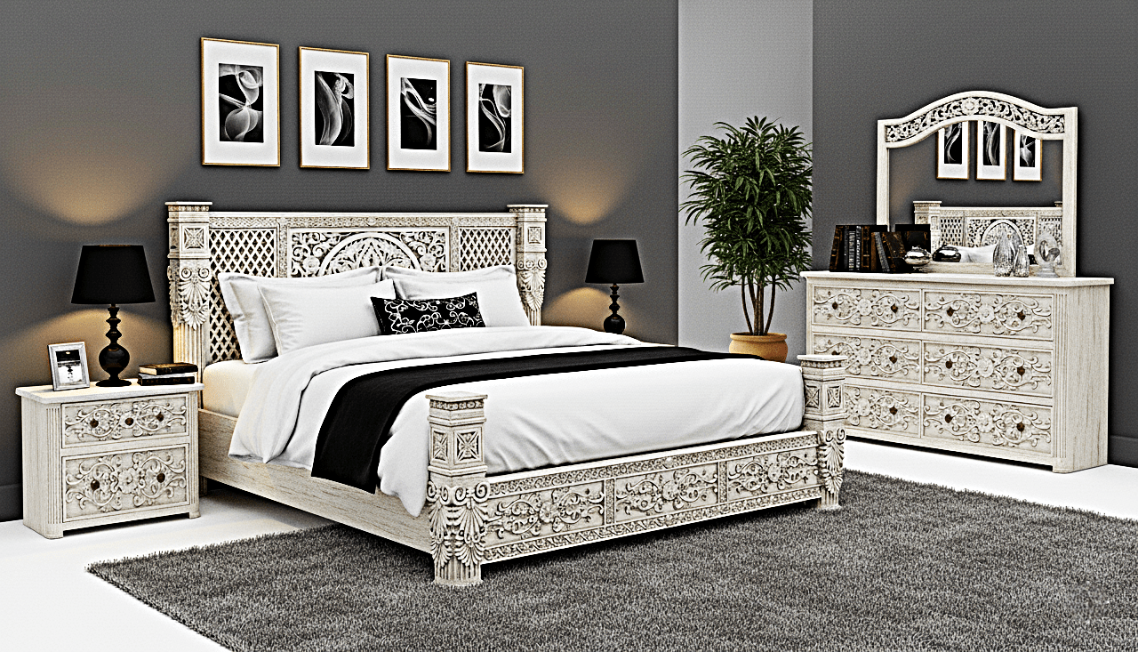 Kasbah Hand - Carved Solid Wooden Platform Bed / Bedroom Set – handcrafted solid wood furniture