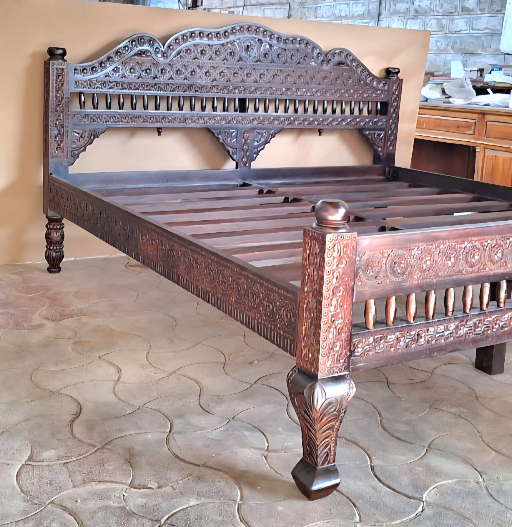 Khalifa Hand Carved Indian Solid Wood Platform Bed – handcrafted solid wood furniture