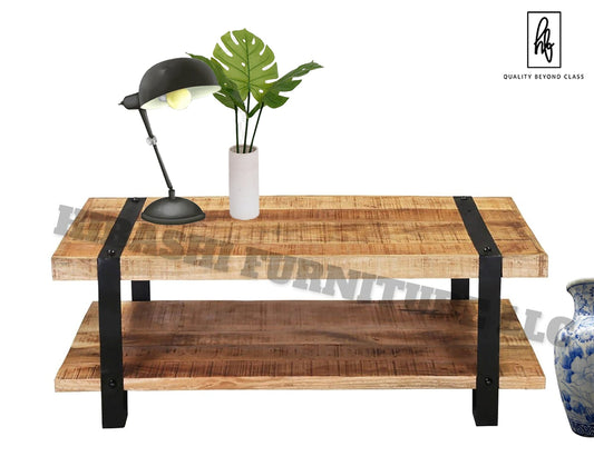 LAHI Rustic Mango Wood 2 Tier Industrial Coffee Table – handcrafted solid wood furniture