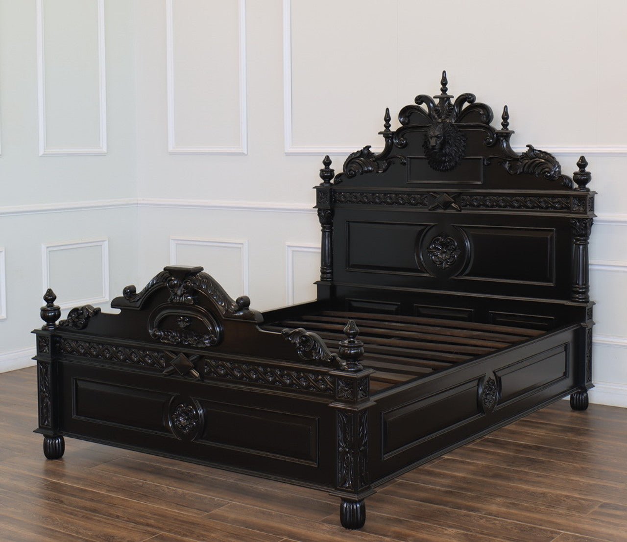 Lion Head Hand Carved Elegant Design Gothic Style Platform Bed – handcrafted solid wood furniture