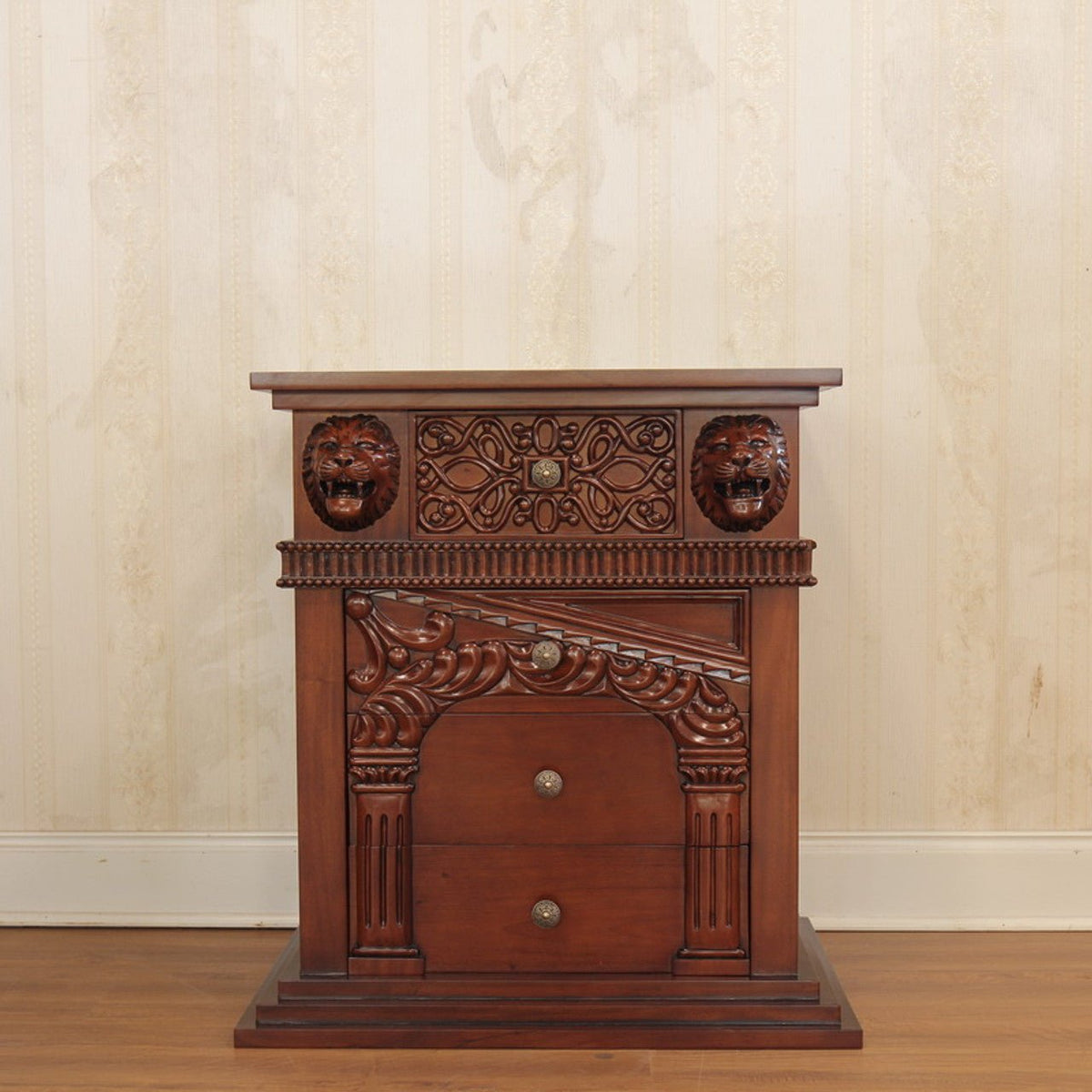 Lion Head Hand Carved Gothic Style Night Stand – handcrafted solid wood furniture