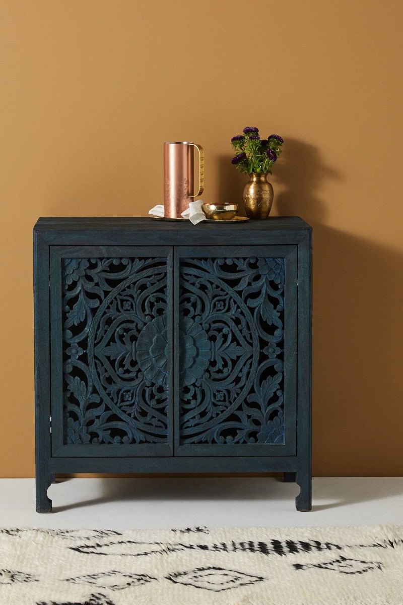 Lombok Hand carved Indian Style Entryway Cabinet / Hand Made Wooden Sideboard cabinet – handcrafted solid wood furniture