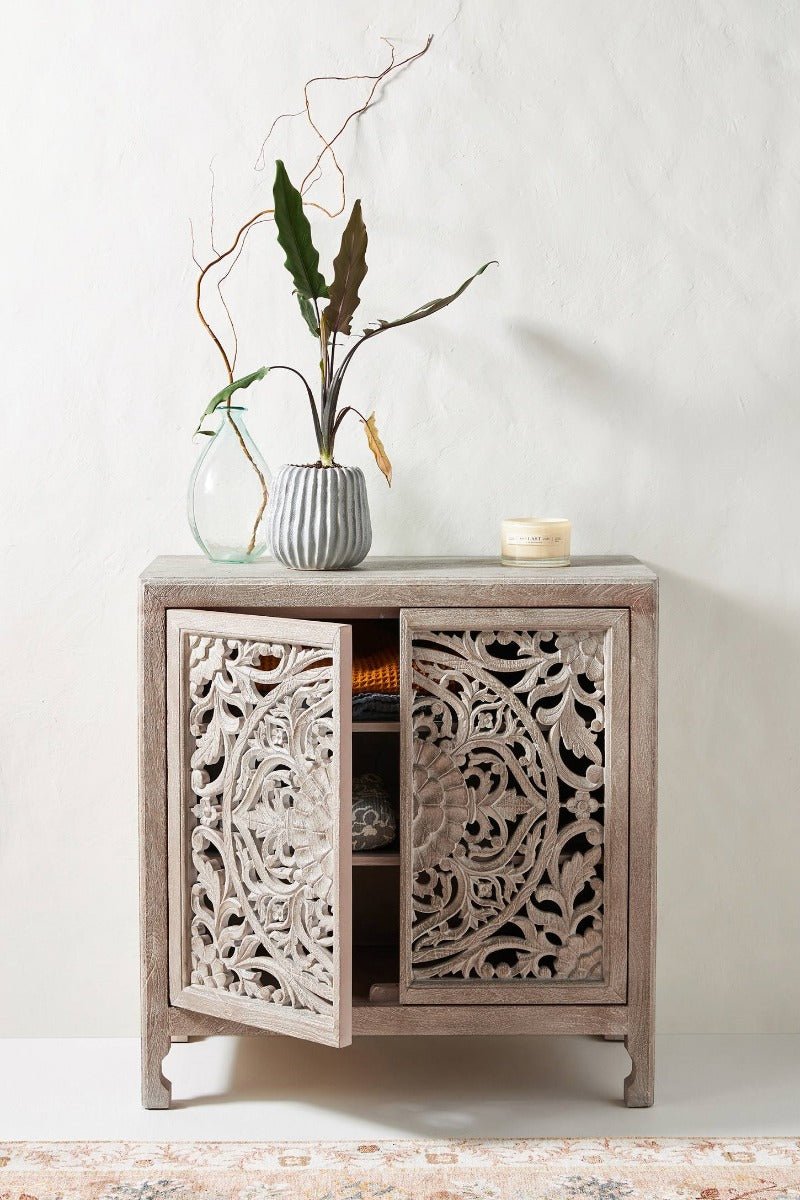 Lombok Hand carved Indian Style Entryway Cabinet / Hand Made Wooden Sideboard cabinet – handcrafted solid wood furniture