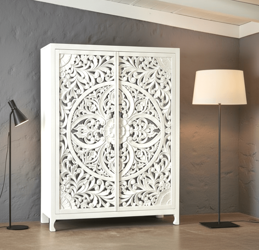 Lombok Hand Carved wooden Armoire / Hand Carved Wooden Wardrobe – handcrafted solid wood furniture