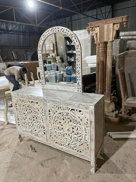 Lombok Hand Carved Wooden Six Drawer Dresser With Mirror – handcrafted solid wood furniture