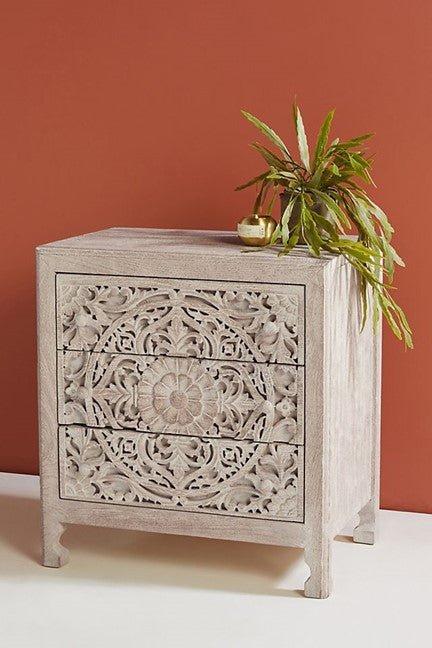 Lombok Handmade Wooden Nightstand / Hand Carved Floral Bedside – handcrafted solid wood furniture
