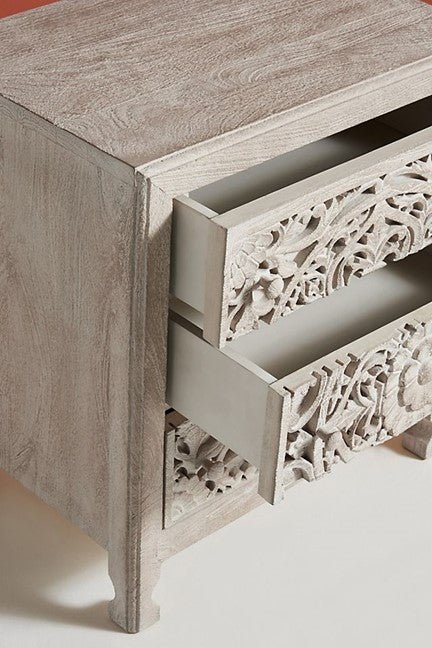 Lombok Handmade Wooden Nightstand / Hand Carved Floral Bedside – handcrafted solid wood furniture