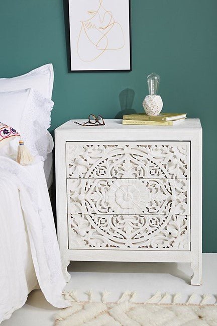 Lombok Handmade Wooden Nightstand / Hand Carved Floral Bedside – handcrafted solid wood furniture