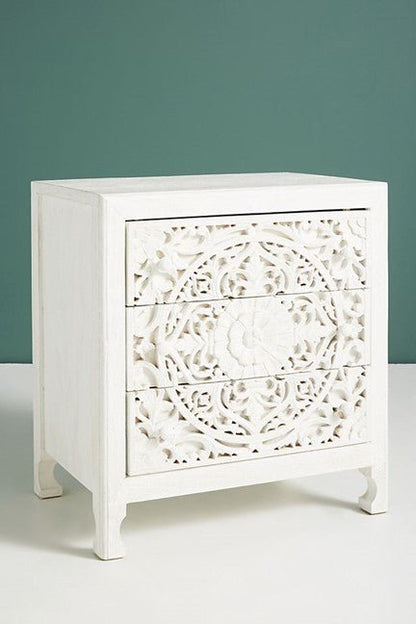 Lombok Handmade Wooden Nightstand / Hand Carved Floral Bedside – handcrafted solid wood furniture