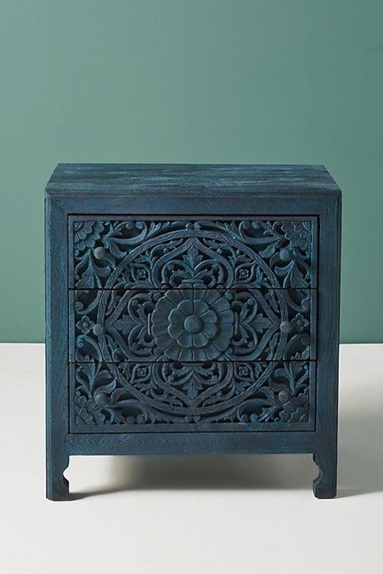 Lombok Handmade Wooden Nightstand / Hand Carved Floral Bedside – handcrafted solid wood furniture