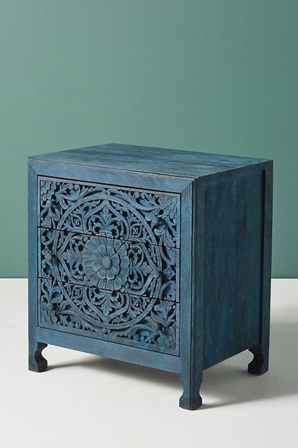Lombok Handmade Wooden Nightstand / Hand Carved Floral Bedside – handcrafted solid wood furniture