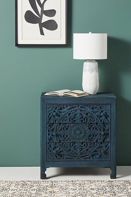 Lombok Handmade Wooden Nightstand / Hand Carved Floral Bedside – handcrafted solid wood furniture