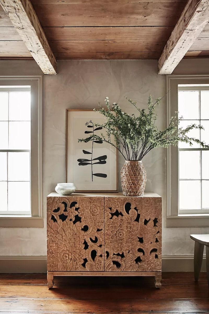 LOTUS Hand carved Entryway Cabinet – handcrafted solid wood furniture