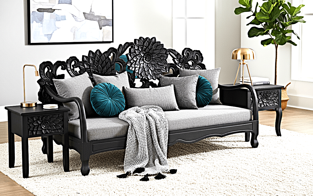 Lotus Hand Carved Solid Wooden Indoor / Outdoor Daybed by Hibashi Furniture – handcrafted solid wood furniture made in India