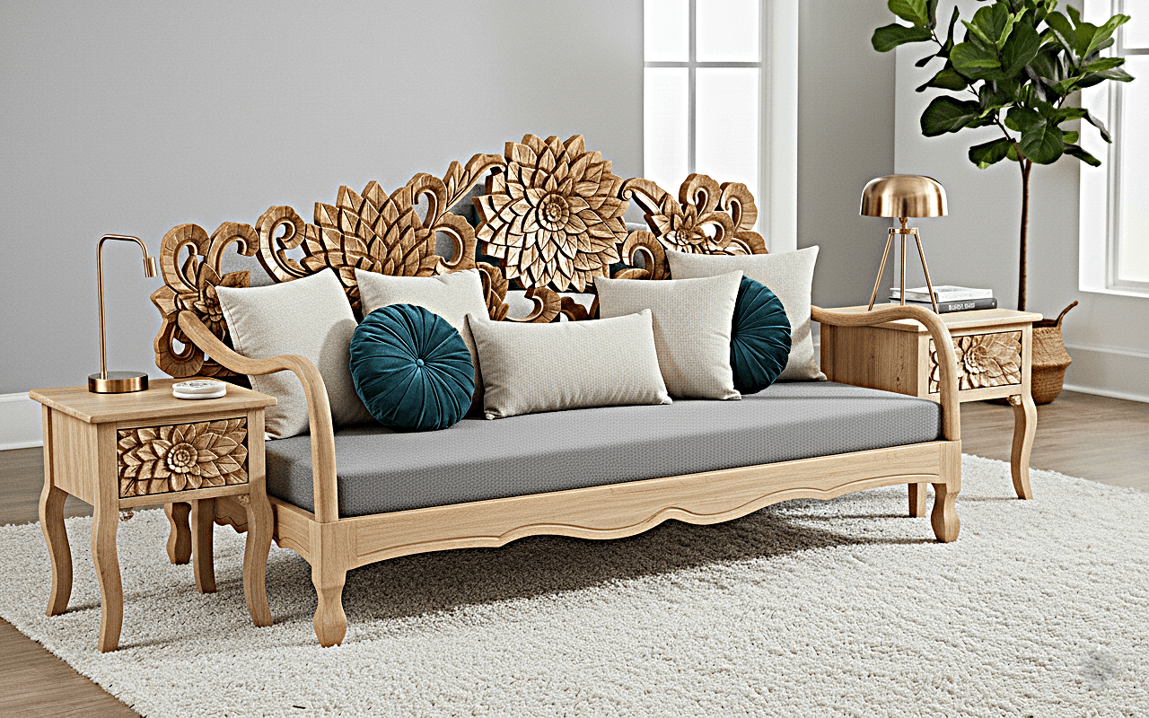 Lotus Hand Carved Solid Wooden Indoor / Outdoor Daybed by R-Designs Furniture – handcrafted solid wood furniture made in India