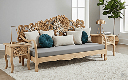 Lotus Hand Carved Solid Wooden Indoor / Outdoor Daybed by R-Designs Furniture – handcrafted solid wood furniture made in India
