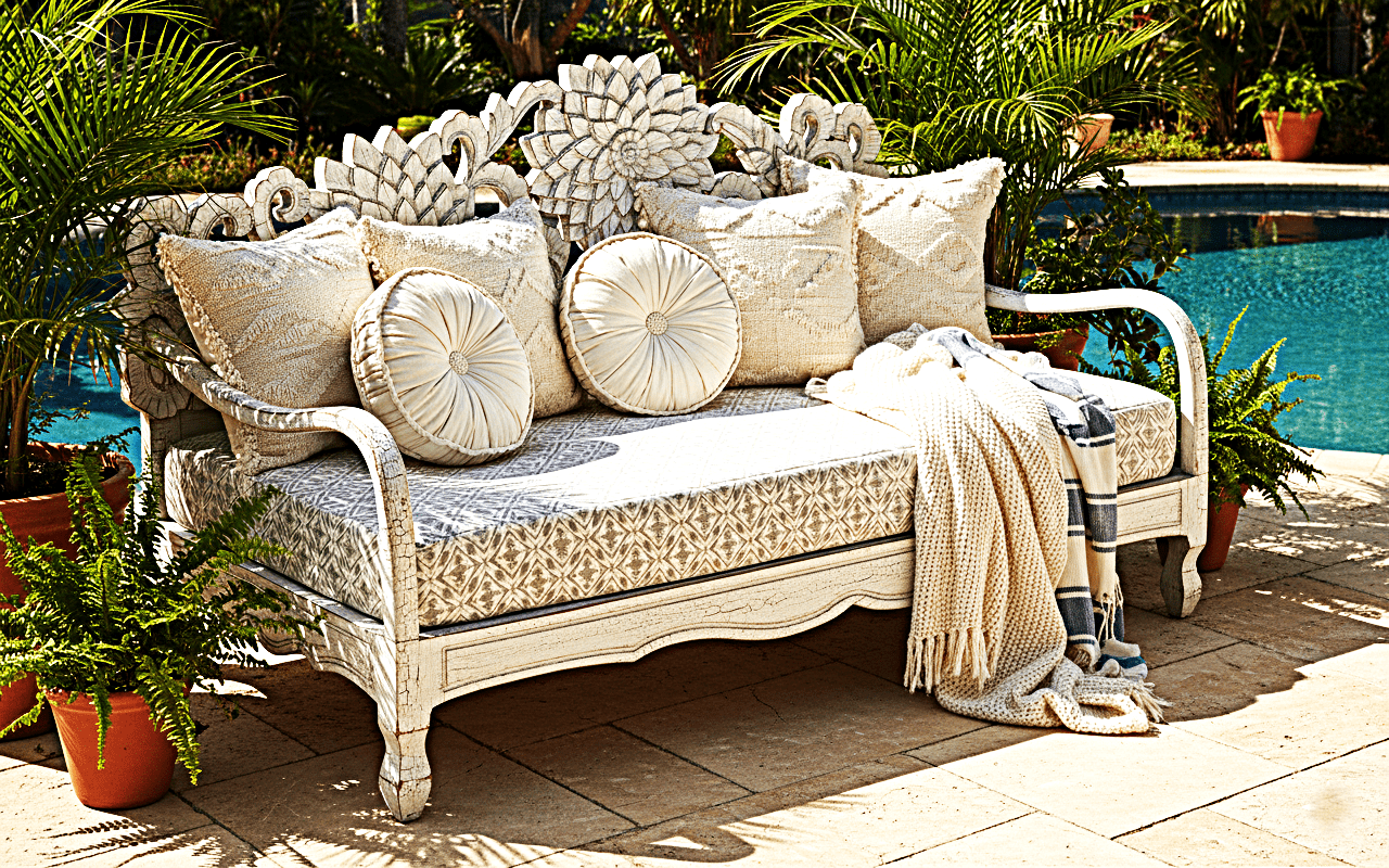 Lotus Hand Carved Solid Wooden Indoor / Outdoor Daybed – handcrafted solid wood furniture