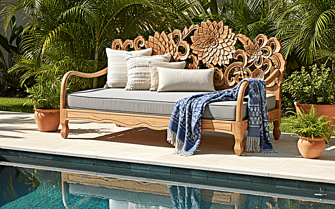 Lotus Hand Carved Solid Wooden Indoor / Outdoor Daybed by R-Designs Furniture – handcrafted solid wood furniture made in India