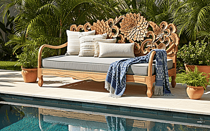 Lotus Hand Carved Solid Wooden Indoor / Outdoor Daybed by R-Designs Furniture – handcrafted solid wood furniture made in India