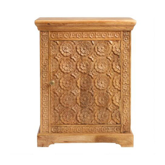 Mahooz Natural Floral Hand Carved Wood Side Table – handcrafted solid wood furniture