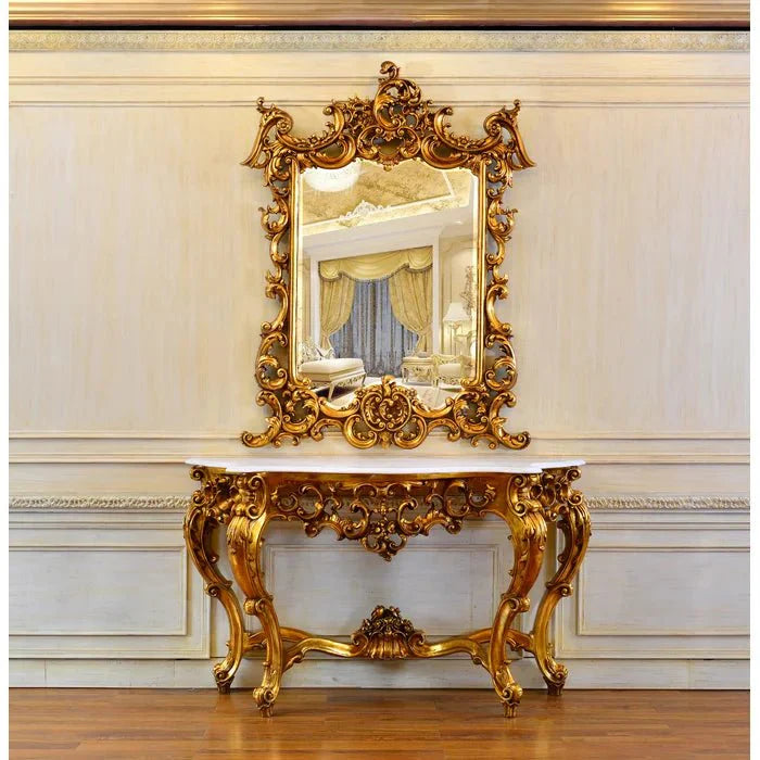 Majestic Hand Carved Solid Mango Wood Console Table and Mirror Set – handcrafted solid wood furniture