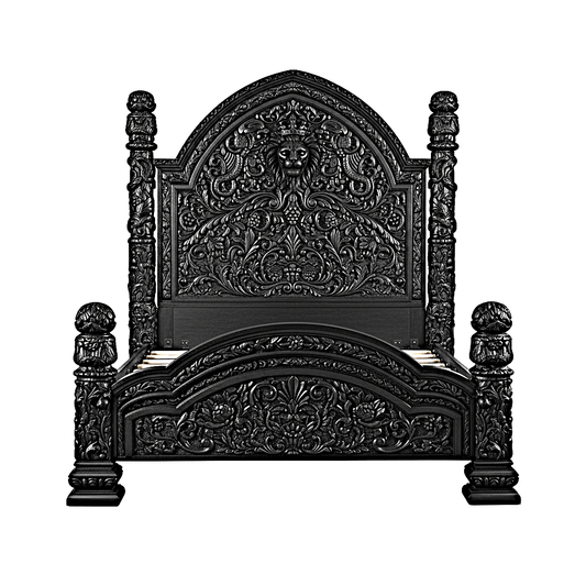 🪶 Majestic Lion Hand - Carved Solid Mango Wood Bed / 3 - Piece Bedroom Set – handcrafted solid wood furniture