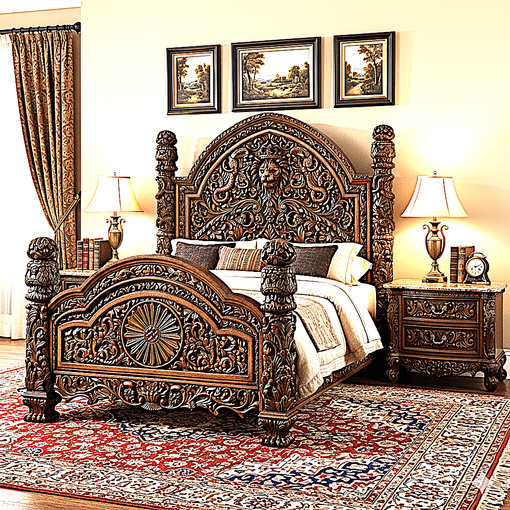 🪶 Majestic Lion Hand - Carved Solid Mango Wood Bed / 3 - Piece Bedroom Set – handcrafted solid wood furniture