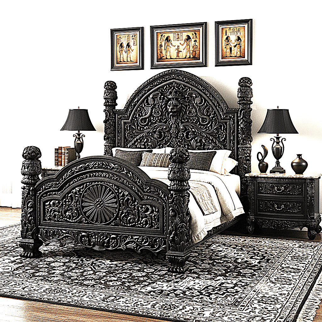 🪶 Majestic Lion Hand - Carved Solid Mango Wood Bed / 3 - Piece Bedroom Set – handcrafted solid wood furniture