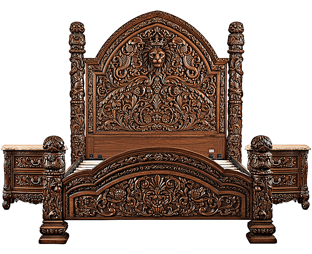 🪶 Majestic Lion Hand - Carved Solid Mango Wood Bed / 3 - Piece Bedroom Set – handcrafted solid wood furniture