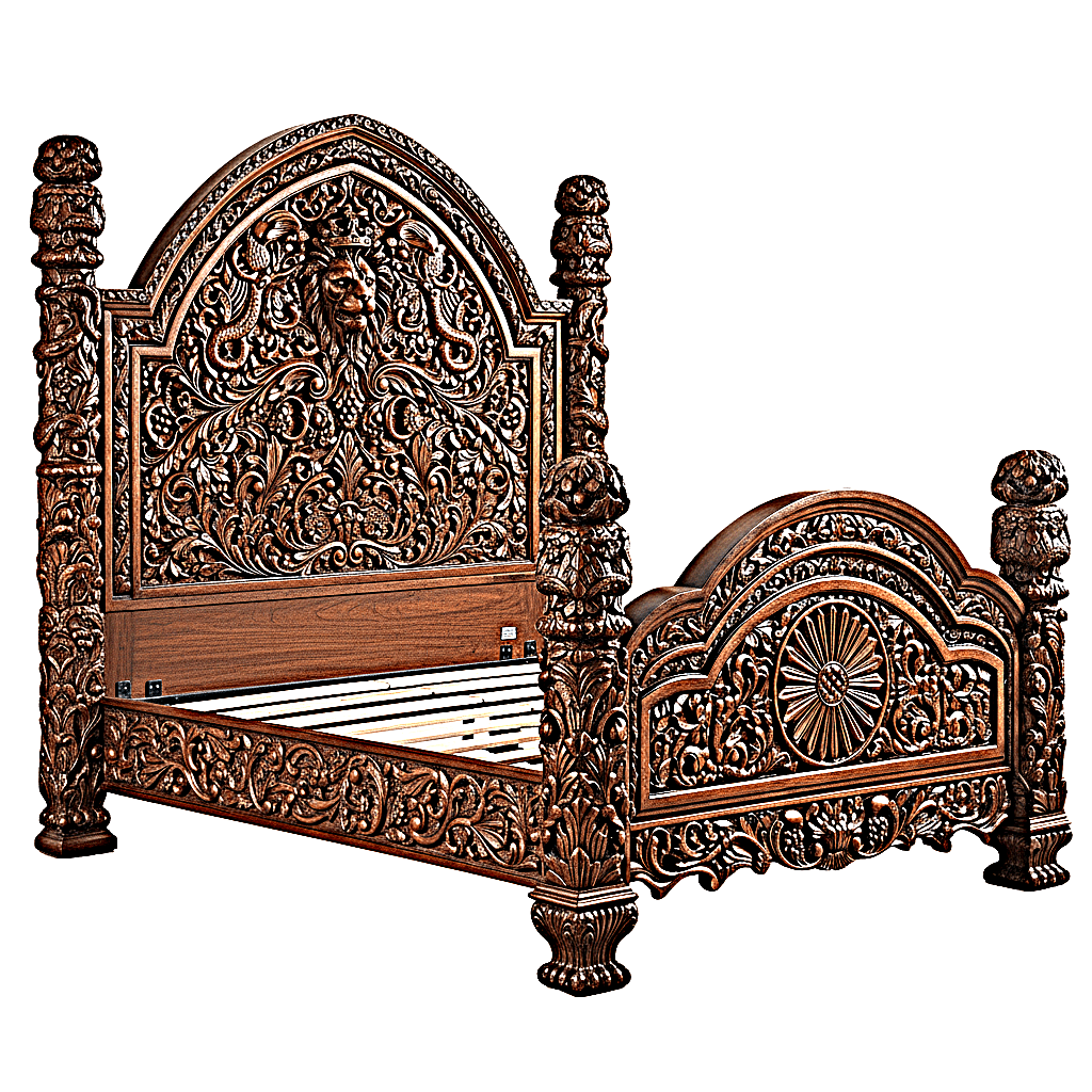 🪶 Majestic Lion Hand - Carved Solid Mango Wood Bed / 3 - Piece Bedroom Set – handcrafted solid wood furniture