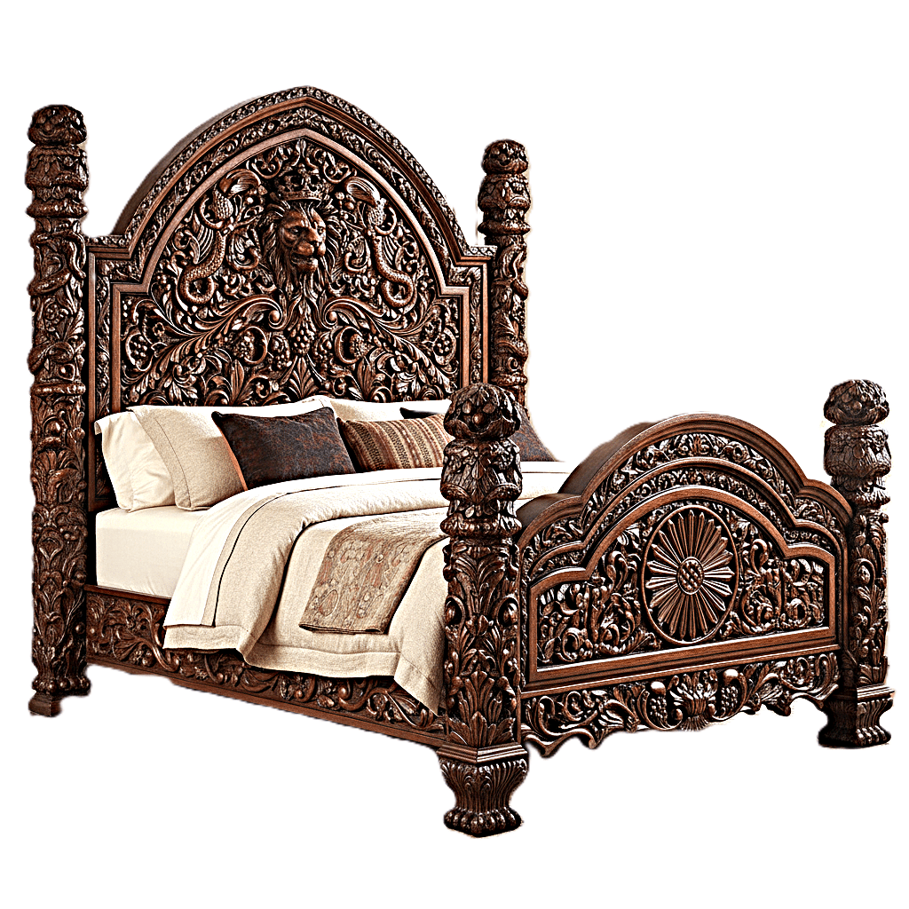 🪶 Majestic Lion Hand - Carved Solid Mango Wood Bed / 3 - Piece Bedroom Set – handcrafted solid wood furniture