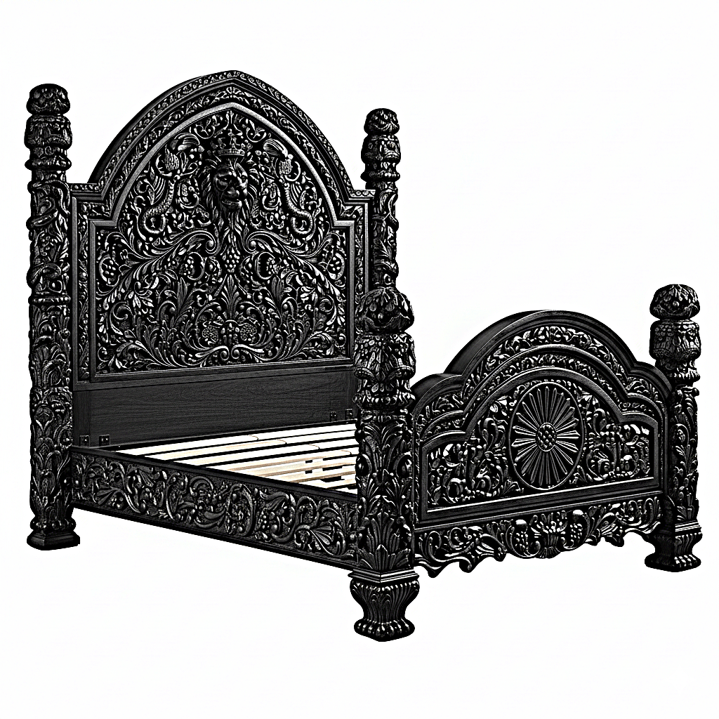 🪶 Majestic Lion Hand - Carved Solid Mango Wood Bed / 3 - Piece Bedroom Set – handcrafted solid wood furniture
