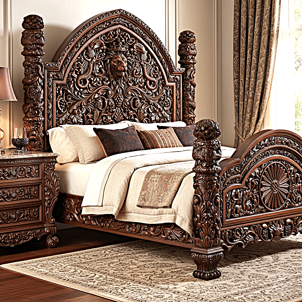 🪶 Majestic Lion Hand - Carved Solid Mango Wood Bed / 3 - Piece Bedroom Set – handcrafted solid wood furniture