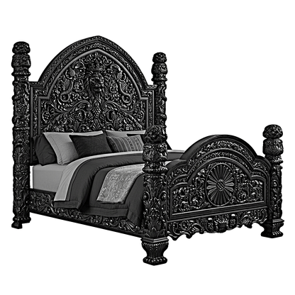🪶 Majestic Lion Hand - Carved Solid Mango Wood Bed / 3 - Piece Bedroom Set – handcrafted solid wood furniture