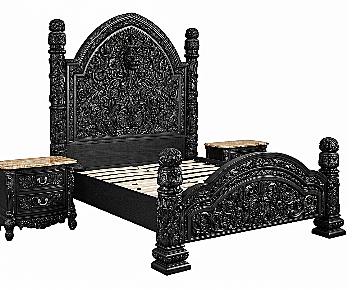 🪶 Majestic Lion Hand - Carved Solid Mango Wood Bed / 3 - Piece Bedroom Set – handcrafted solid wood furniture