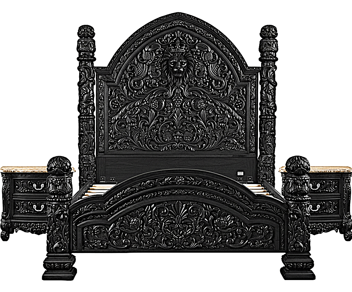 🪶 Majestic Lion Hand - Carved Solid Mango Wood Bed / 3 - Piece Bedroom Set – handcrafted solid wood furniture