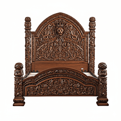 🪶 Majestic Lion Hand - Carved Solid Mango Wood Bed / 3 - Piece Bedroom Set – handcrafted solid wood furniture
