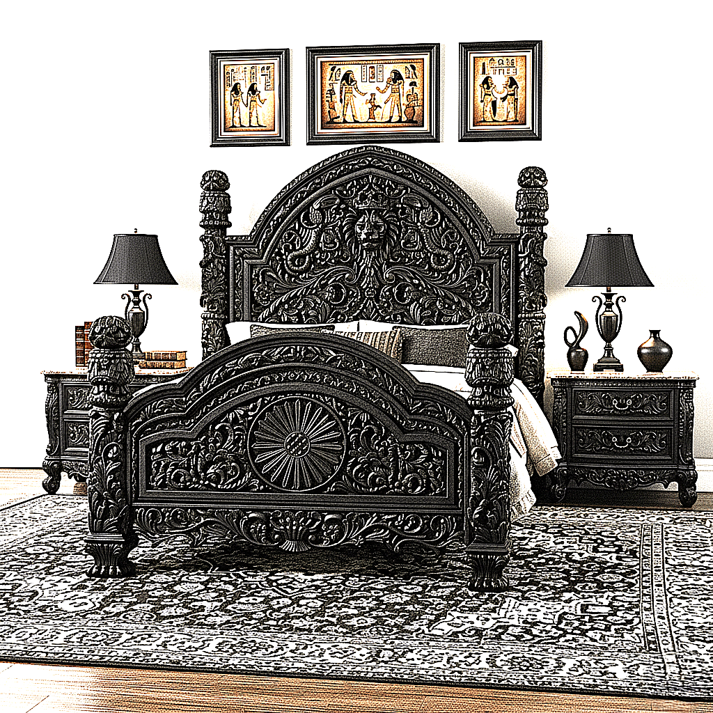 🪶 Majestic Lion Hand - Carved Solid Mango Wood Bed / 3 - Piece Bedroom Set – handcrafted solid wood furniture