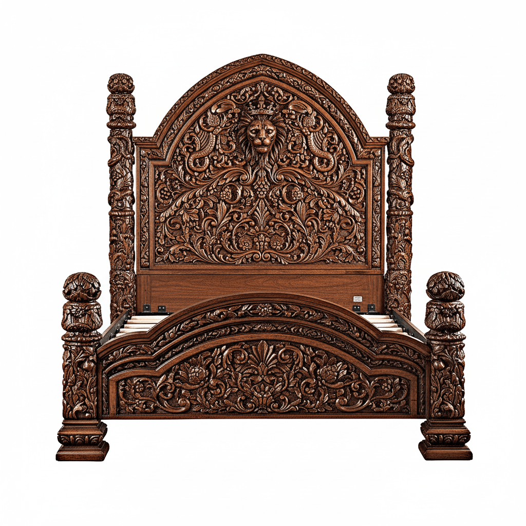 🪶 Majestic Lion Hand - Carved Solid Mango Wood Bed / 3 - Piece Bedroom Set – handcrafted solid wood furniture