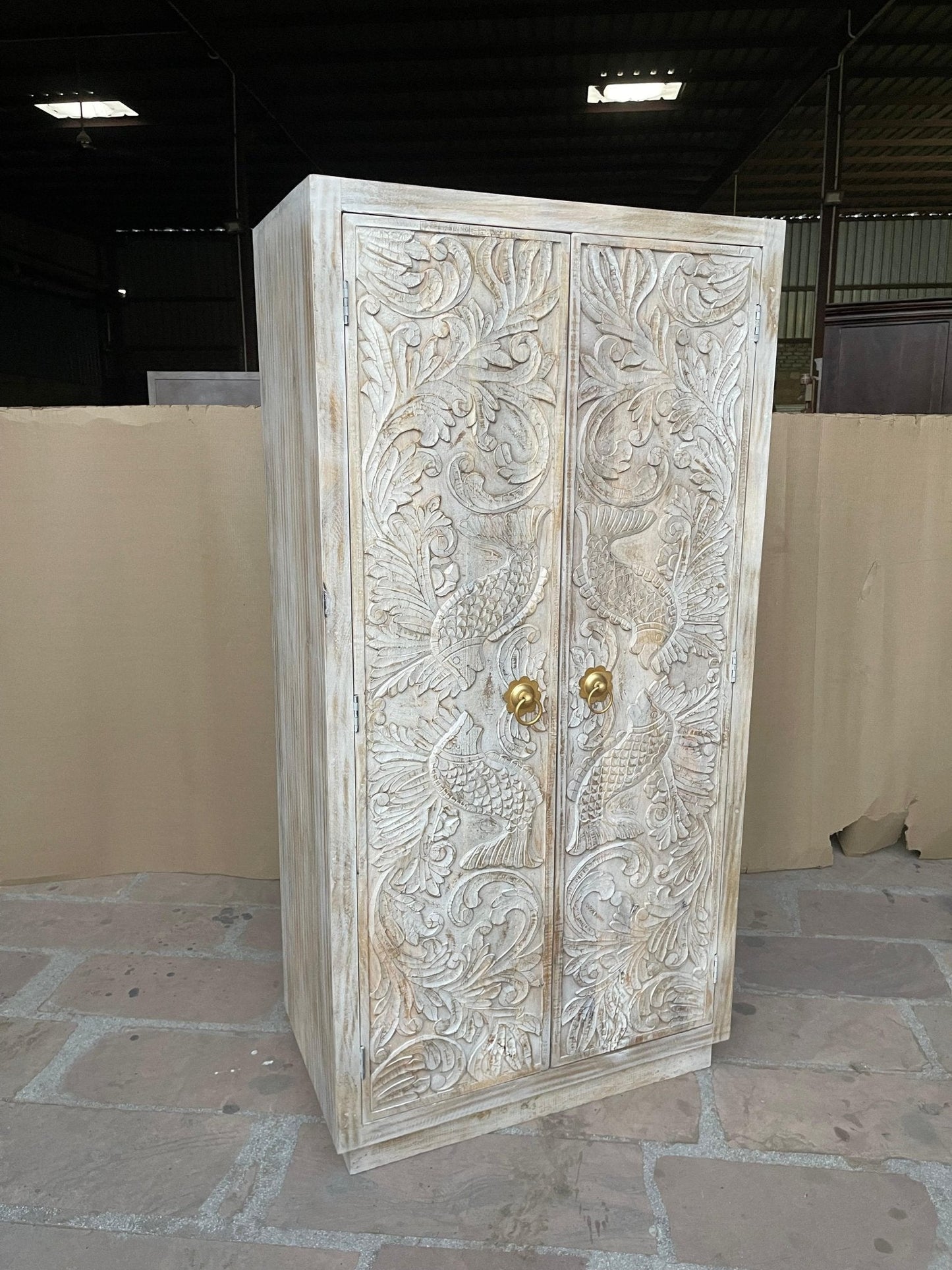 Manama Hand Carved Wood Fish Nairi Storage Cabinet by Hibashi Furniture – handcrafted solid wood furniture made in India