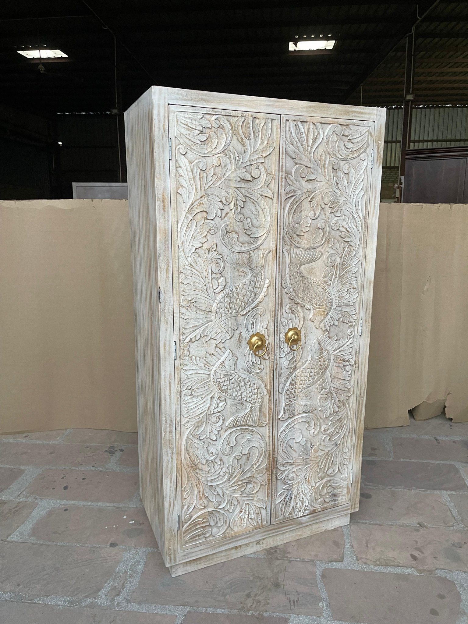 Manama Hand Carved Wood Fish Nairi Storage Cabinet by Hibashi Furniture – handcrafted solid wood furniture made in India