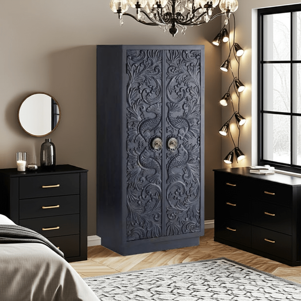 Manama Hand Carved Wood Fish Nairi Storage Cabinet by Hibashi Furniture – handcrafted solid wood furniture made in India