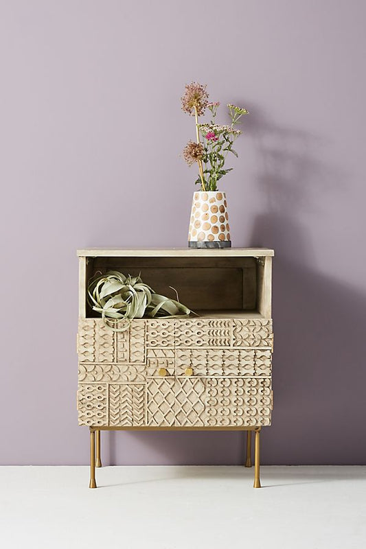 Mango Wood Bedside Table with Carved - Patchwork – handcrafted solid wood furniture